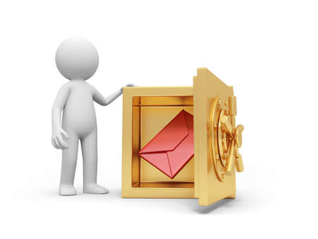 A 3d man standing at a safe, a letter in the safeの写真素材
