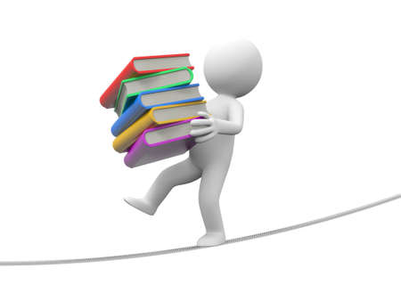 A 3d person walking on a balance with a stack of books in handの写真素材