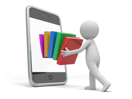 A 3d person putting a stack of books into the mobile phoneの写真素材