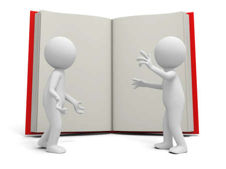 Two 3d persons discussing ,an opened book backgroundの写真素材