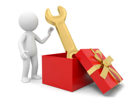 a 3d person taking a spanner from a gift boxの写真素材