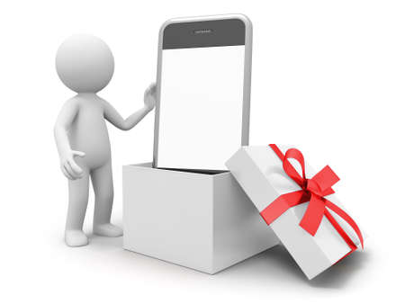 a 3d person taking a mobile phone from a gift box