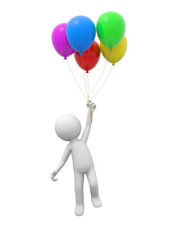 A 3d person jumping to hold five balloonsの写真素材