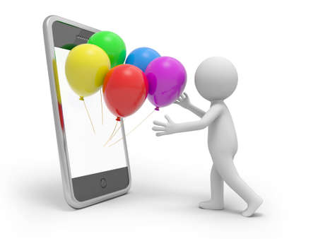 A 3d person balloons  mobile phone  red yellow blue green purpleの写真素材