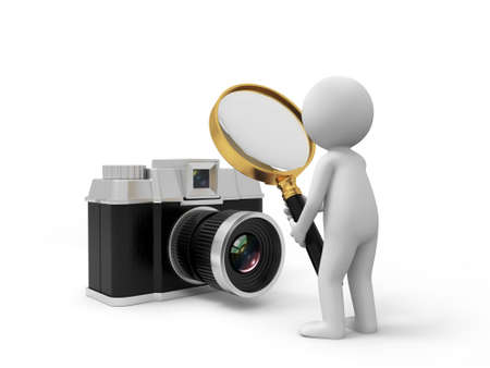 A 3d people watching the camera with a magnifying glass