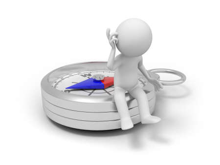 A 3d person sitting on a compass, thinking