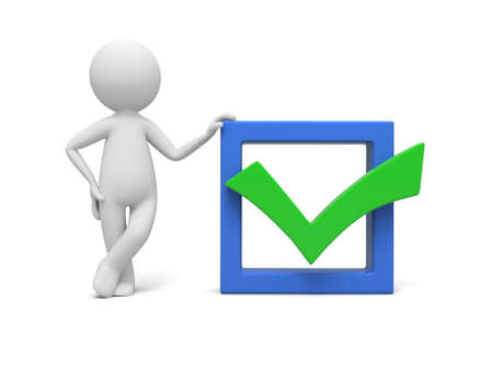 A 3d man standing by a check markの写真素材