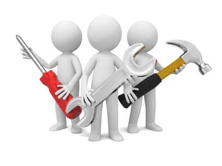 3 3d industrial workers with screwdriver, hammer and wrenchの写真素材