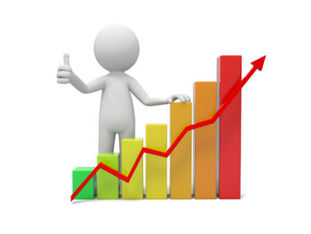 3d people with bar chart and red arrowの写真素材