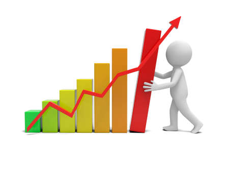 3d people with bar chart and red arrowの写真素材