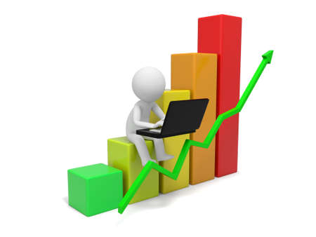3d man sitting with Laptop on colorful business graphの写真素材