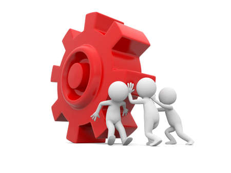 Three 3d man, people, person pushing red gearの写真素材