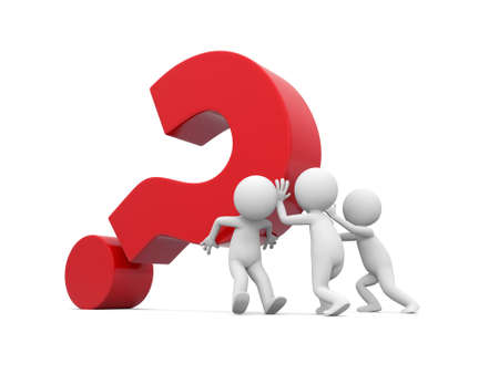 Three 3d men pushing red question markの写真素材