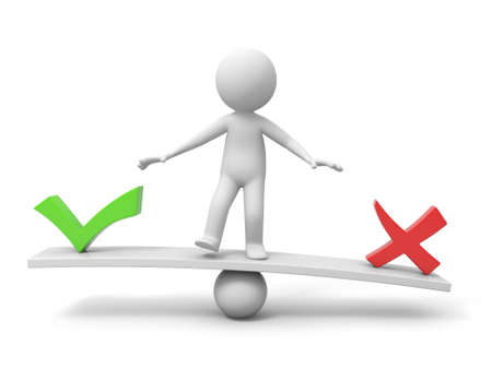  3d people, person, man with symbol ârightâ and  âwrongâ on balance scaleの写真素材