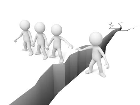 3d people offer help to another in order to cross a crack in the groundの写真素材