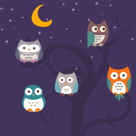 Seamless pattern with colorful cartoon owlsのイラスト素材