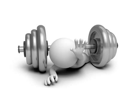 A 3d small people pressed down barbell Isolated on white backgroundの写真素材
