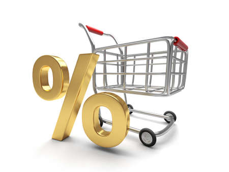A shopping cart isolated on white background with a gold percent sign