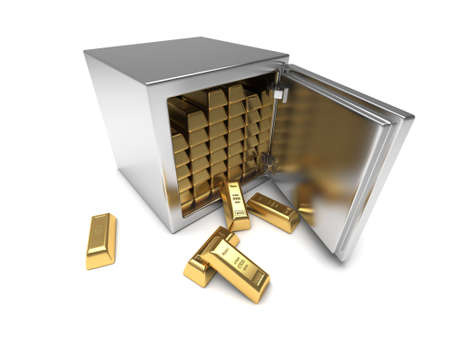 Bank safe with gold stacks isolated on white backgroundの写真素材