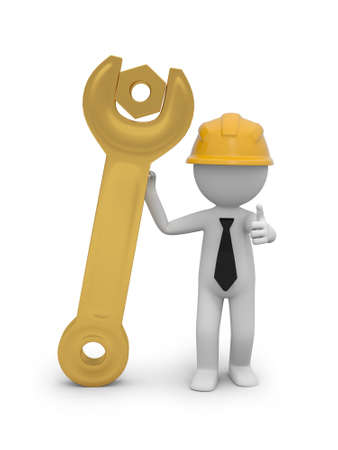 3d small people with a wrench Isolated on white backgroundの写真素材
