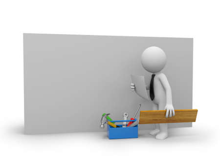3d small repairman with a toolbox Isolated on white backgroundの写真素材