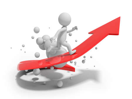 3d small people running on a arrow  Isolated on white backgroundの写真素材