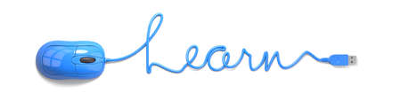Blue mouse and cable in the shape of learnの写真素材