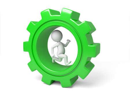 3d small person running in a large gear. 3d image. Isolated white backgroundの写真素材