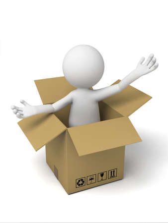 3d small people with a cardboard box. 3d image. Isolated white background