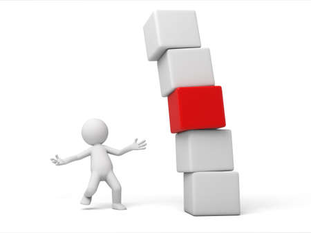 3d small person with a stack of cubes. 3d image. Isolated white backgroundの写真素材