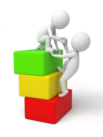 A 3d small people help another one. 3d image. Isolated white backgroundの写真素材