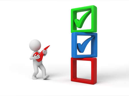 3d small person with some check mark. 3d image. Isolated white backgroundの写真素材