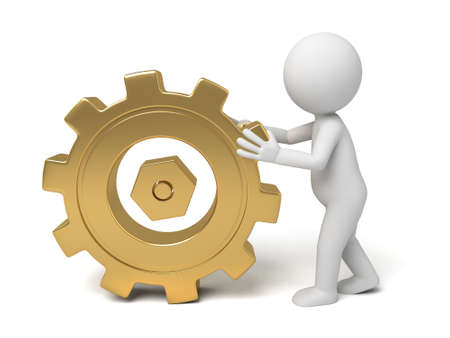 3d small person rolls a large gear. 3d image. Isolated white background