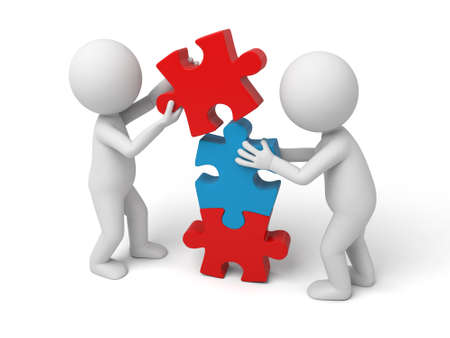 3d white people team assemble three piece of a puzzle