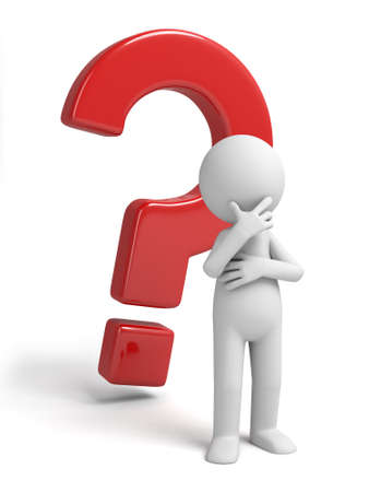3d small person thinking with a large question mark. 3d image. Isolated white backgroundの写真素材