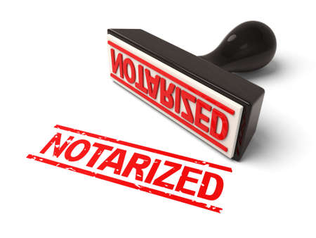 A rubber stamp with notarized in red ink.3d image. Isolated white background.の写真素材