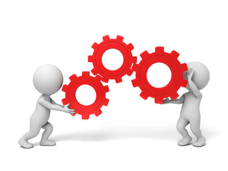 two 3d people holding gears in hands. 3d image. Isolated white backgroundの写真素材