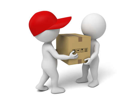 3d small people deliver a parcel to customer. の写真素材