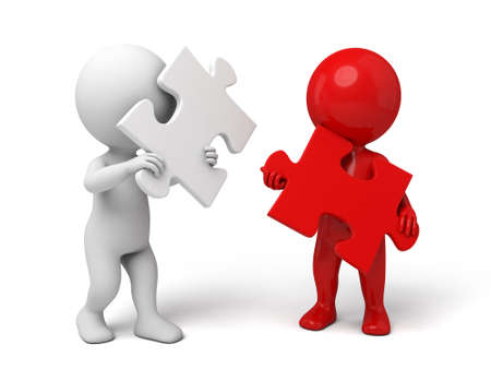 3d  people  assemble two piece of puzzles. 3d image. Isolated white backgroundの写真素材