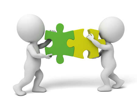 3d  people  assemble two  piece of puzzles. 3d image. Isolated white backgroundの写真素材
