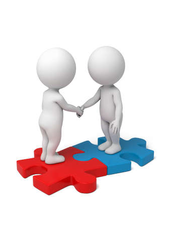 3d people shaking hands on puzzle pieces. The concept of business partners.の写真素材