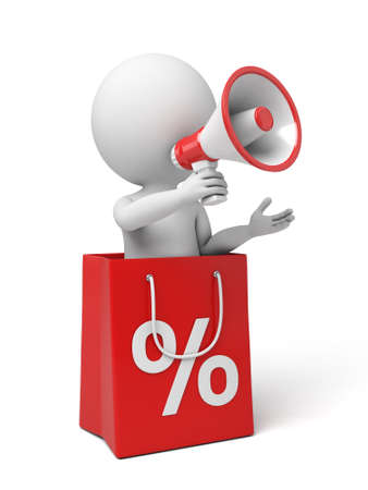 3d people with megaphone inside shopping bag. 3d image. Isolated white background.の写真素材