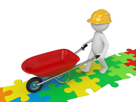 A 3d man with a red wheelbarrow on some colorful puzzles. Isolated on a white backgroundの写真素材