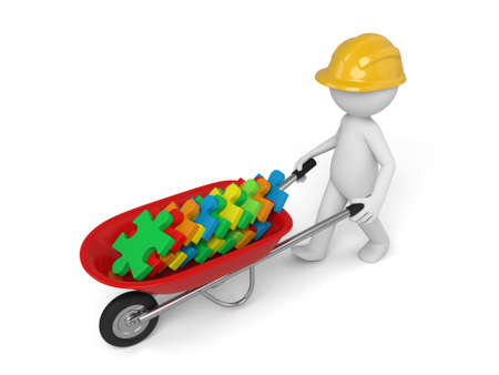 A 3d man with a helmet carrying a wheelbarrow clay puzzles. Isolated on a white backgroundの写真素材
