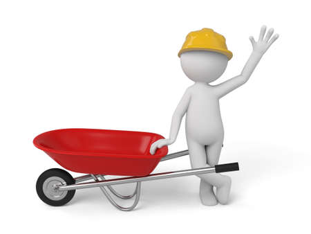 A 3d man with a red wheelbarrow. Isolated on a white backgroundの写真素材