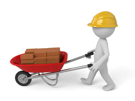 A 3d people carry some bricks with a red wheelbarrowの写真素材