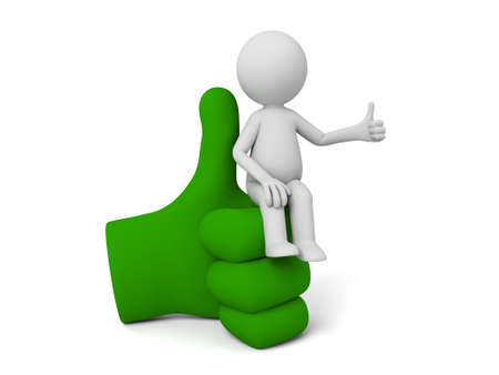 3d small people showing thumbs up sitting on a big hand sign. 3d image. Isolated white background.の写真素材