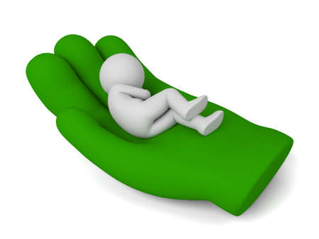 3d small people lie on a big green hand sign. 3d image. Isolated white background.の写真素材