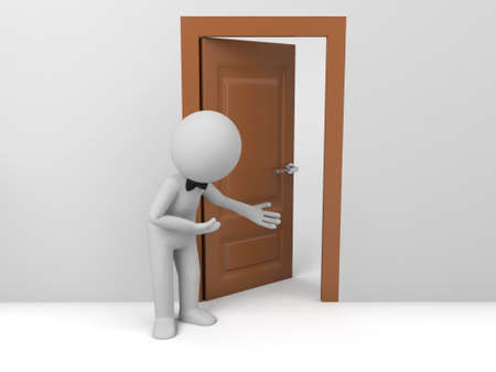 A waiter greets customers. 3d image. Isolated white background.の写真素材