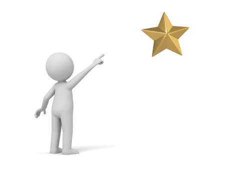 a 3d people pointing a golden star. 3d image. Isolated white backgroundの写真素材